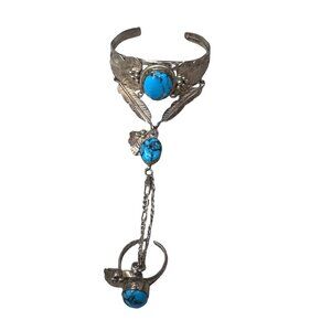 Vintage Navajo Sterling Silver Turquoise Slave Bracelet Ring Bad Boy Signed Sz 9